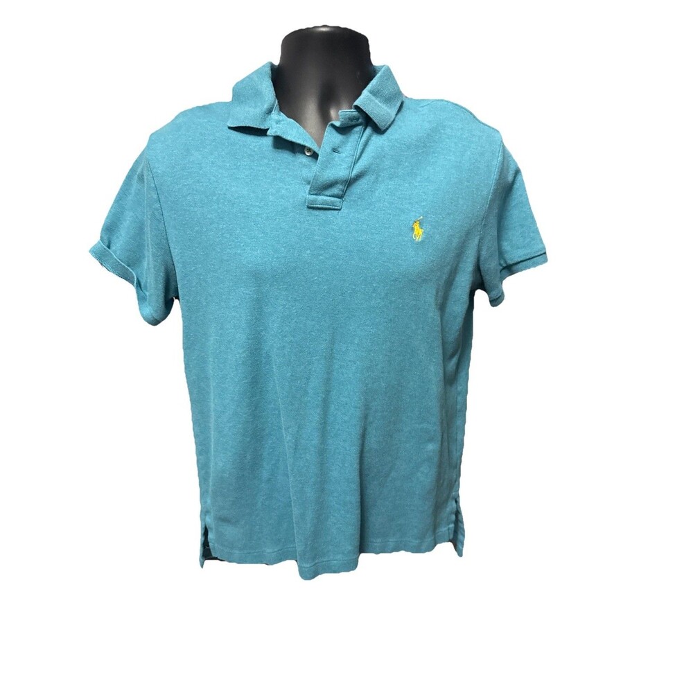 Polo Ralph Lauren Custom Fit Polo Shirt Men M Teal Blue Yellow Pony